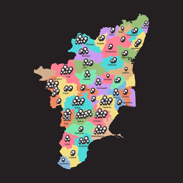 Map of Tamil Nadu showing JewelGrow customers across every district